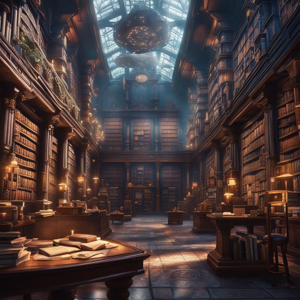 Modern Library in City, Detailed Matte Painting