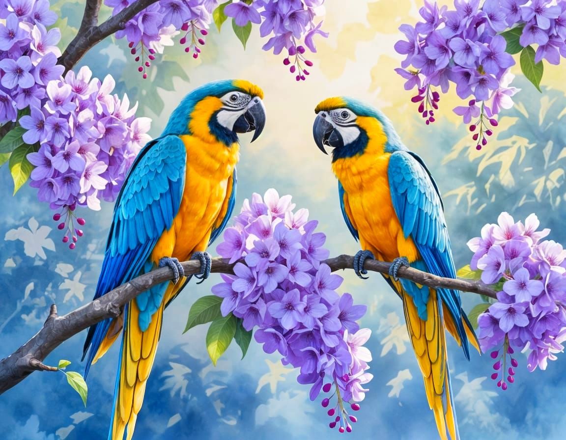 Blue and Yellow Macaws in Watercolor Style
