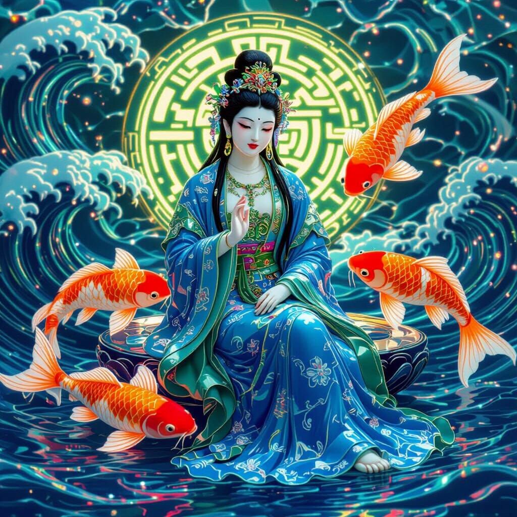 Guan Yin in Cyberpunk Style with Neon Koi
