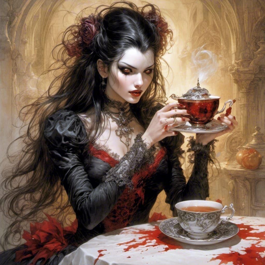 Vampire Sipping Blood Tea, in Fantasy Art Style