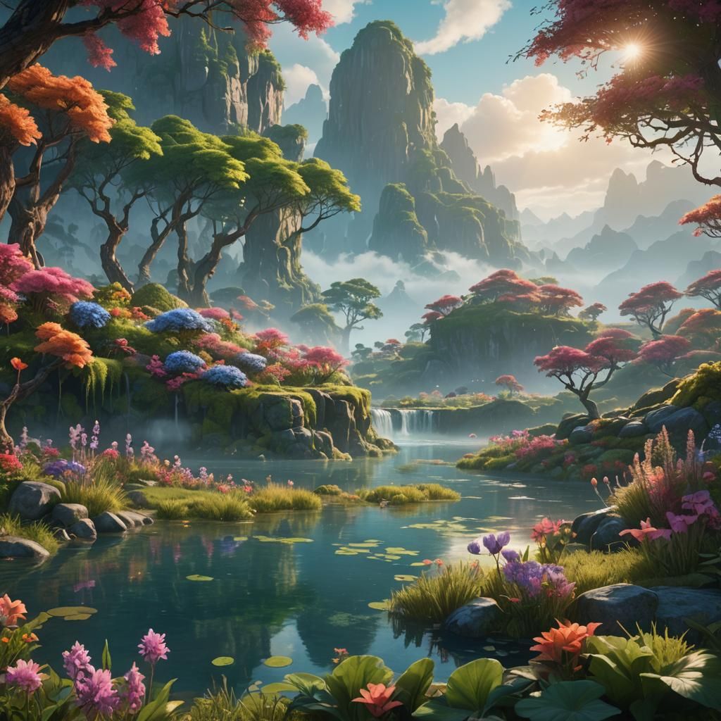 Lush Floral Plateau with Lakes: Fantasy Concept Art