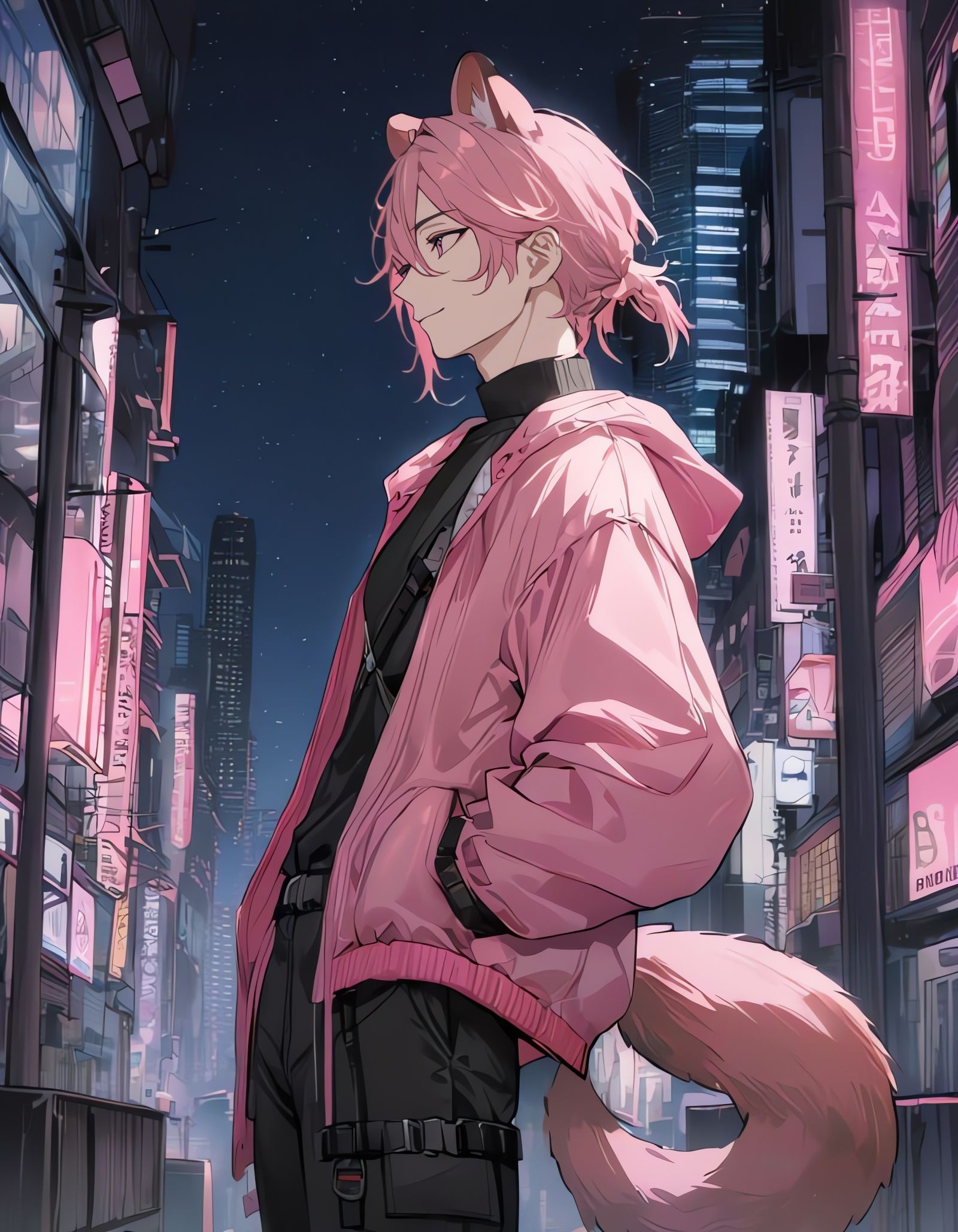 Techwear Bishounen with Pink Raccoon Features
