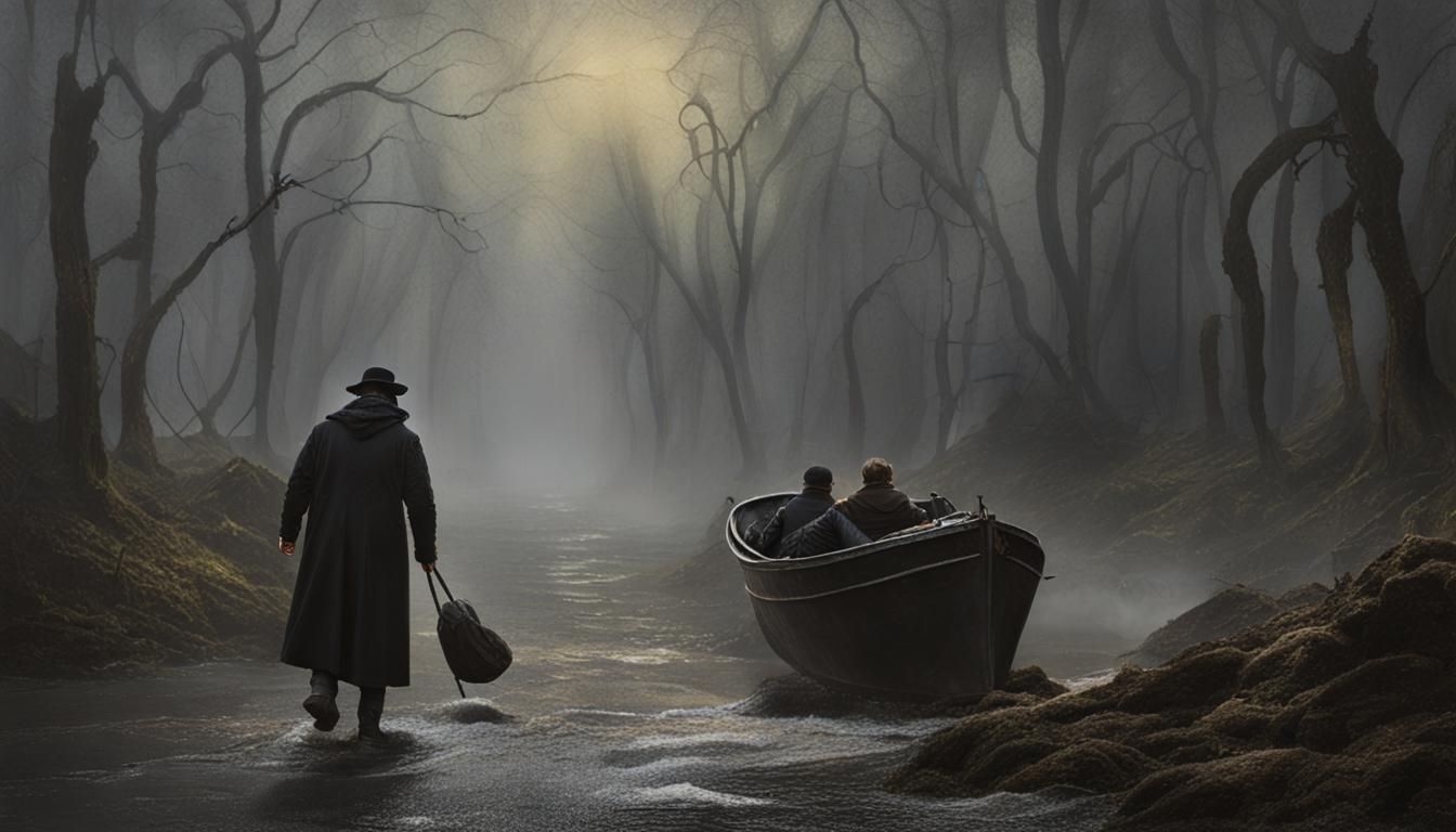 Sinister Boat in Foggy Forest as Oil Painting