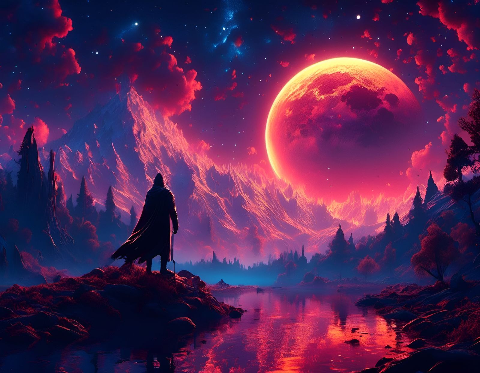 Gigantic Moon Lit Starry Night Sky