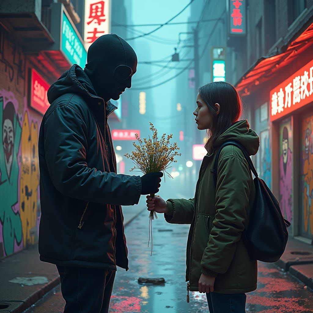 Hope Blooms in Dystopian Cityscape