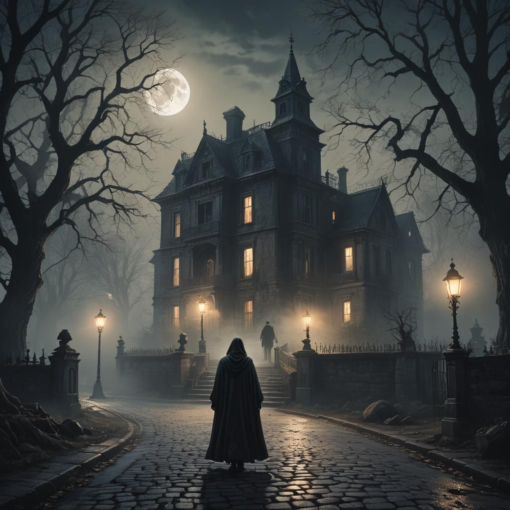 Eerie Ghostly Figure Stands Before Abandoned Mansion