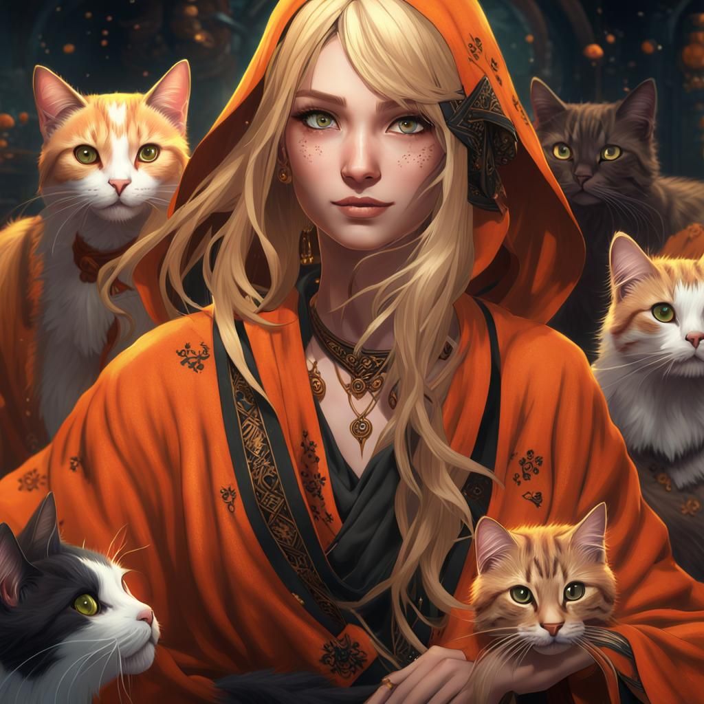 Anime Woman with Tattoos Surrounded by Cats