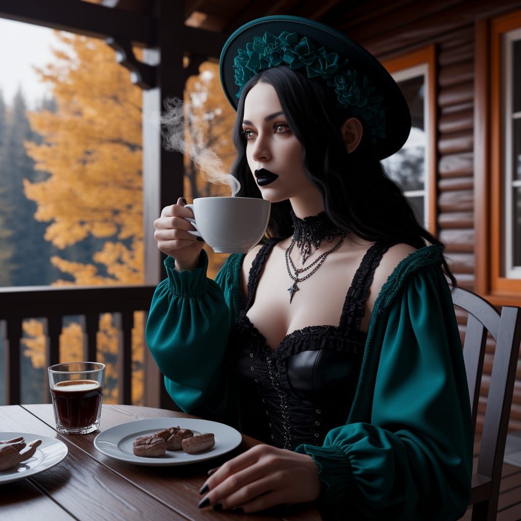 Latina Goth Girl Drinking Coffee, Autumn Cabin Porch
