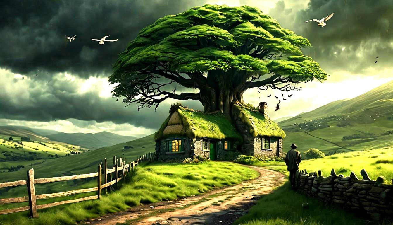 Irish Hills and Leprechaun in Storm, Fantasy Art