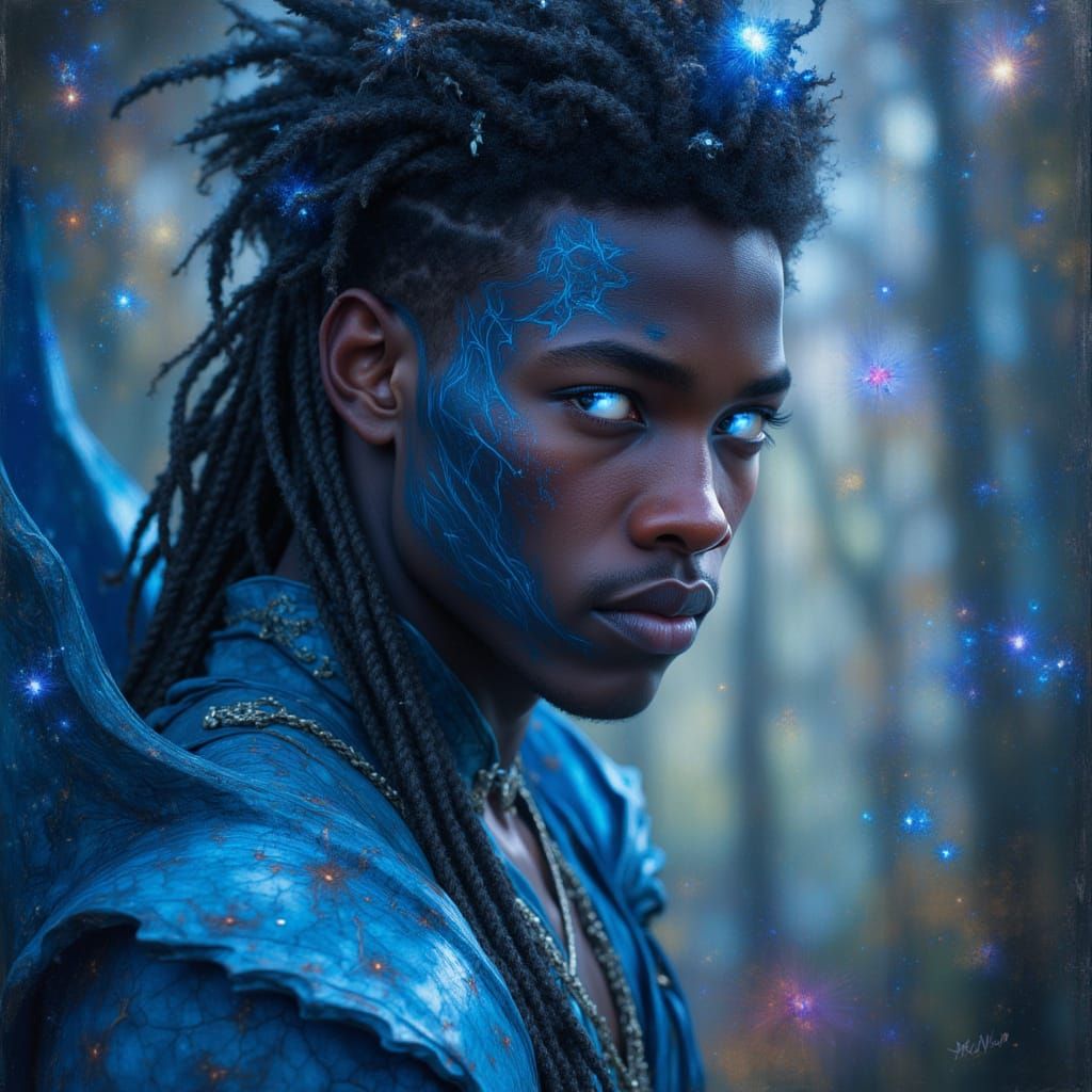 Blue-Skinned God in Art Nouveau Digital Painting