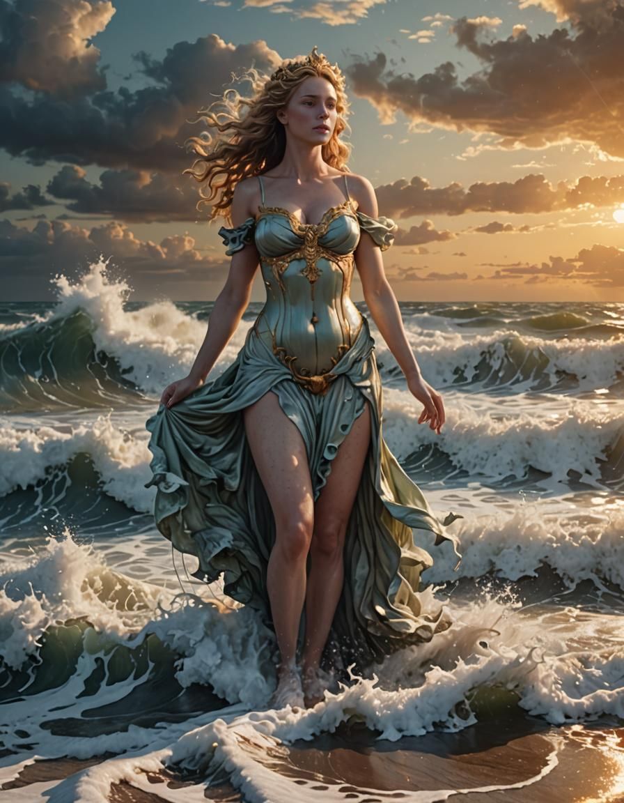 Goddess Venus rising from sea-foam with her feet in the waves.  Epic cinematic brilliant stunning intricate meticulously...