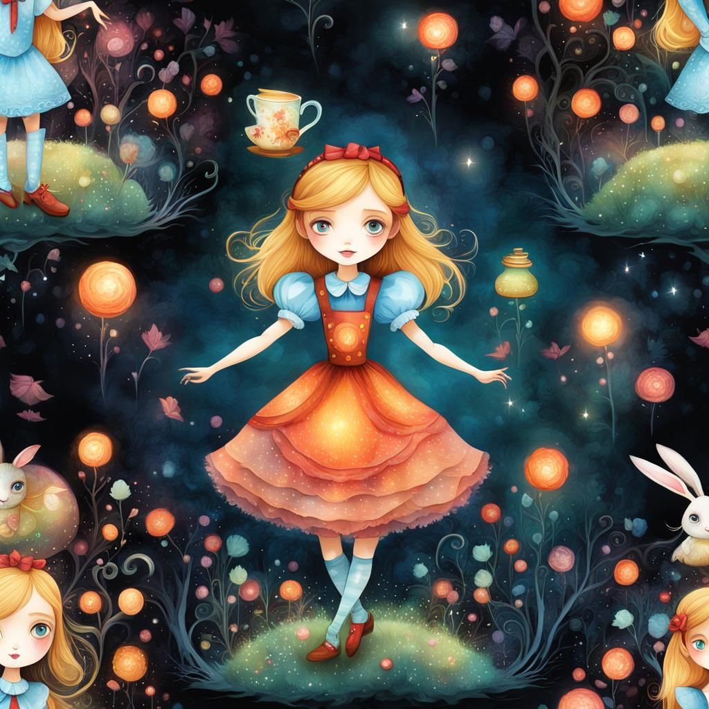 Alice in Wonderland Tea Party in Watercolor Style