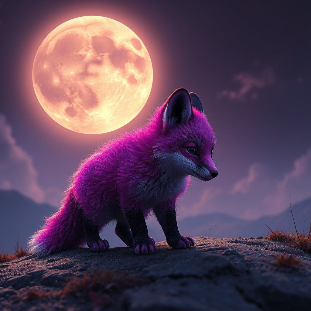 Fox's Purple Glow Under Giant Moon