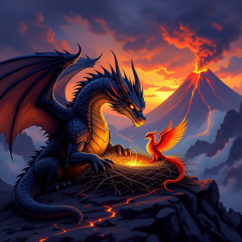 Dragon Guides Baby Phoenix Home in Fantasy Art