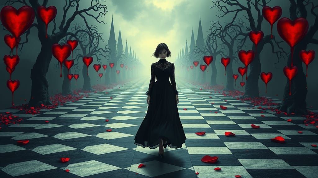 Young Woman Lost in Dark Fantasy Chessboard Landscape