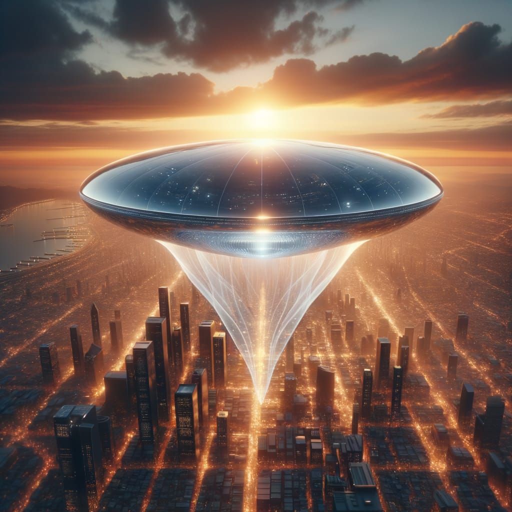 Jellyfish Spaceship Over City at Sunset