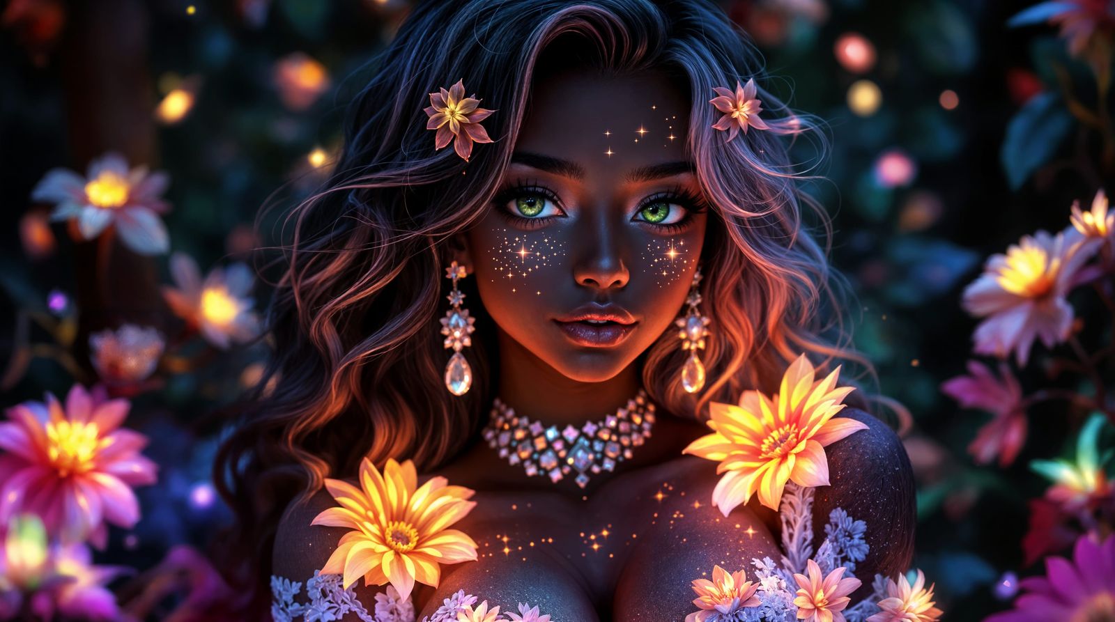 Vibrant Anime Portrait of a Dark-Skinned Goddess