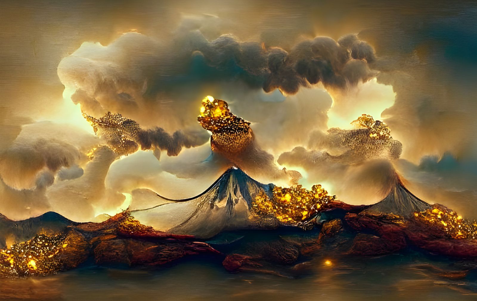 Volcano Erupting Gold Lava in Steampunk Style