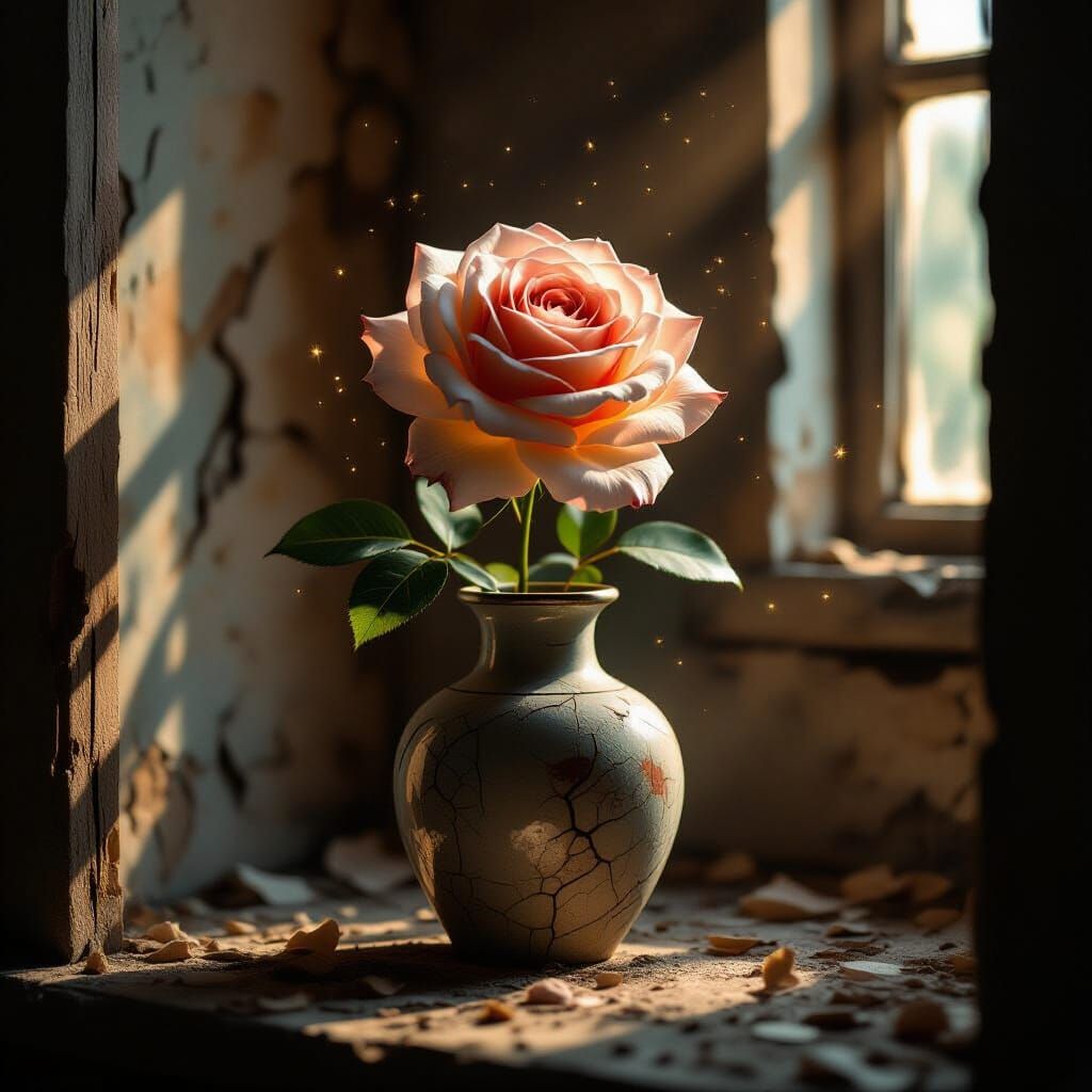 Perfect Rose Blooms from Cracked Vase in Sunlit Abandoned Ro...