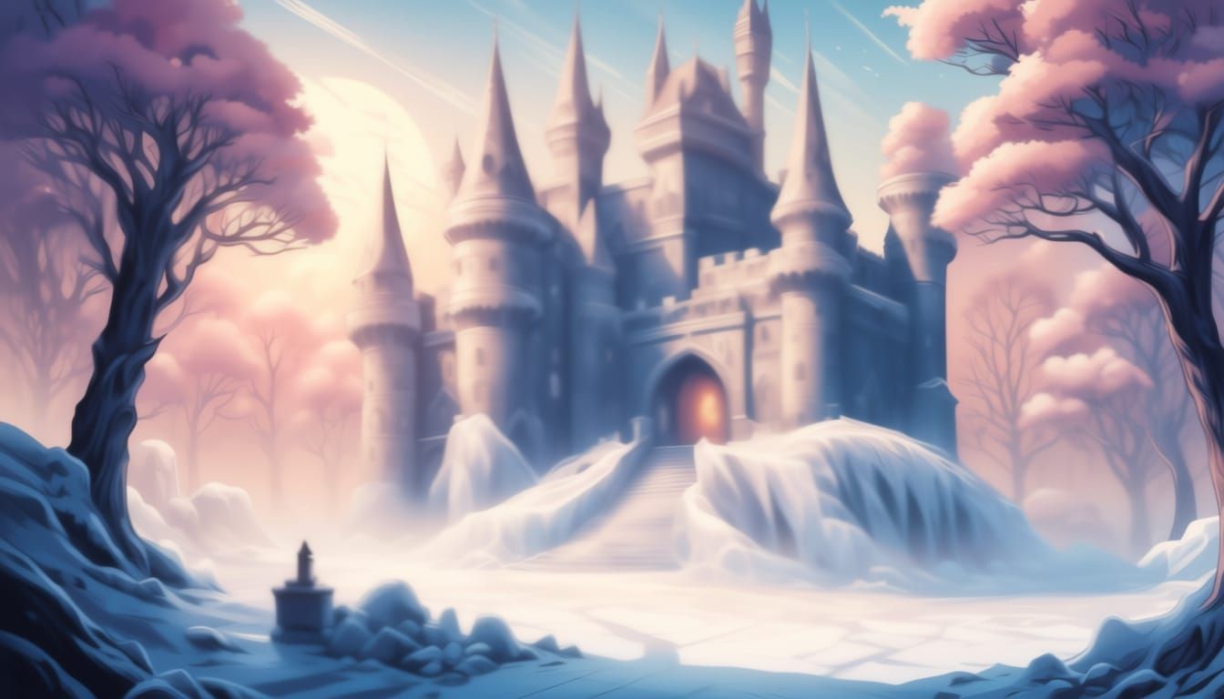 Fantasy Ice Castle Courtyard in Comic Art Style