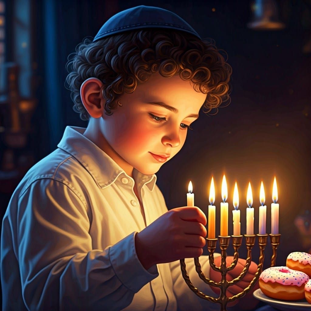 Hasidic Boy Lights Hanukkah Candles: Digital Illustration