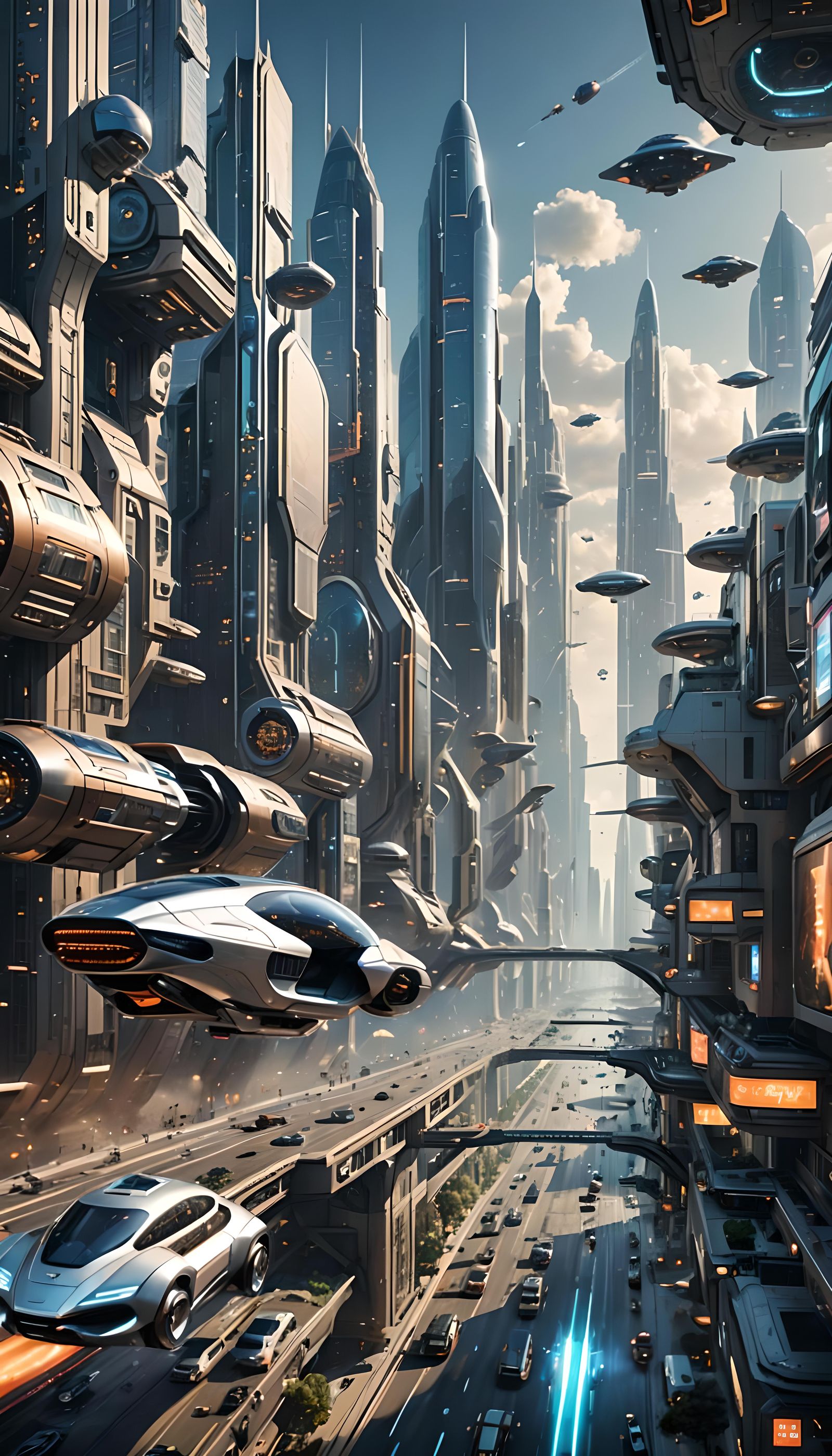 Futuristic Cityscape with Flying Cars and Space Launch