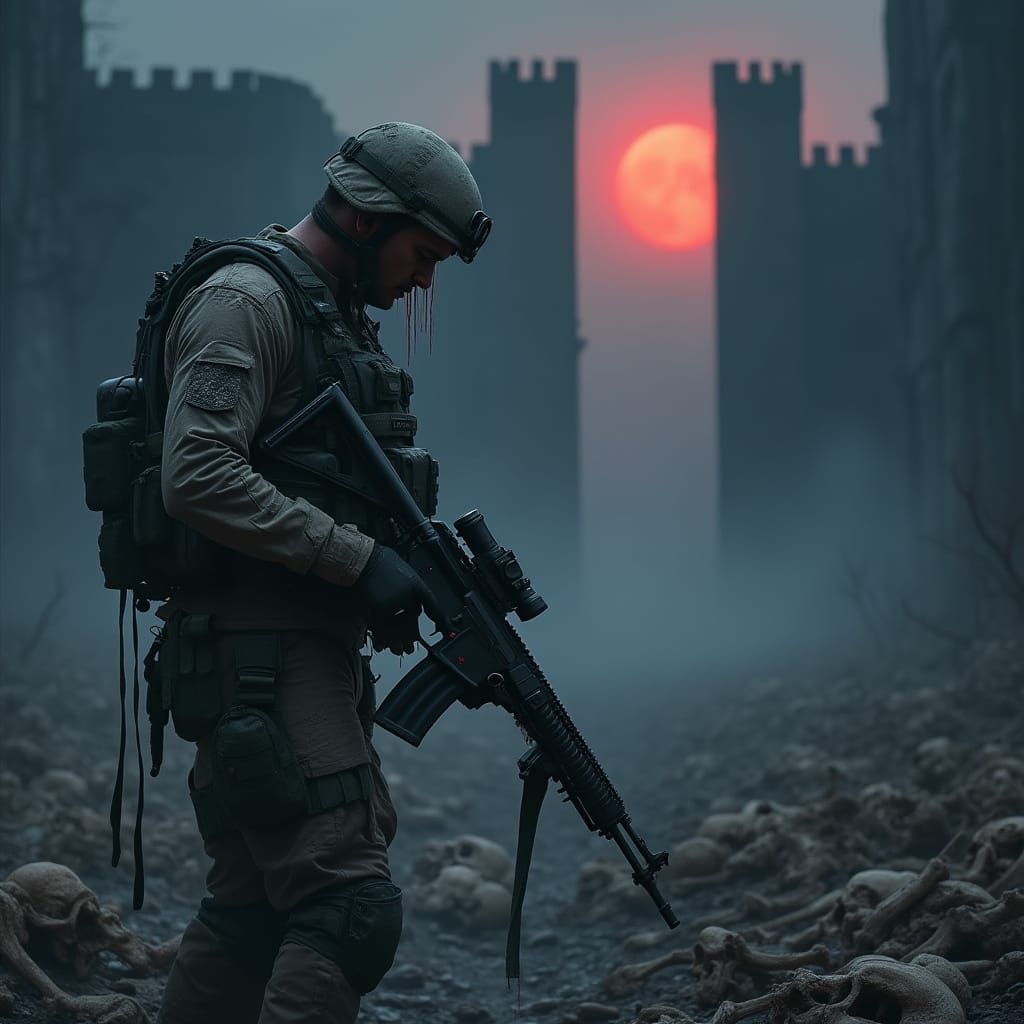 Modern Marine Bowed in Sorrow Amidst Devil's Castle Ruins