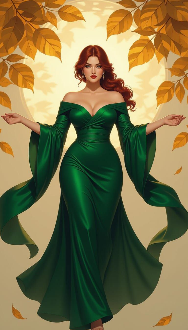 Woman in Emerald Gown with Golden Leaves