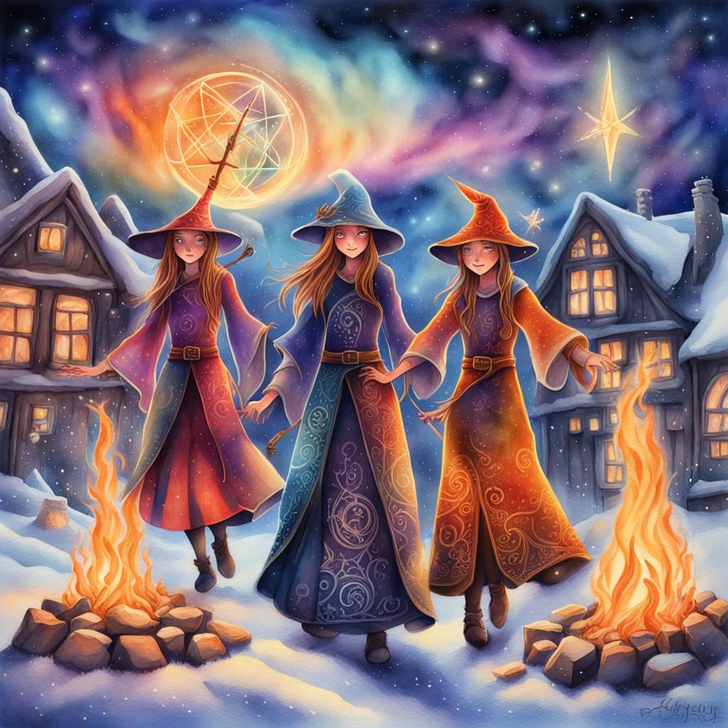 Magical Witch Sisters Adventure: Watercolor Fantasy Art