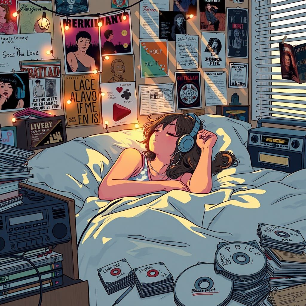 Nostalgic Teenage Bedroom Scene with Girl Listening to Music