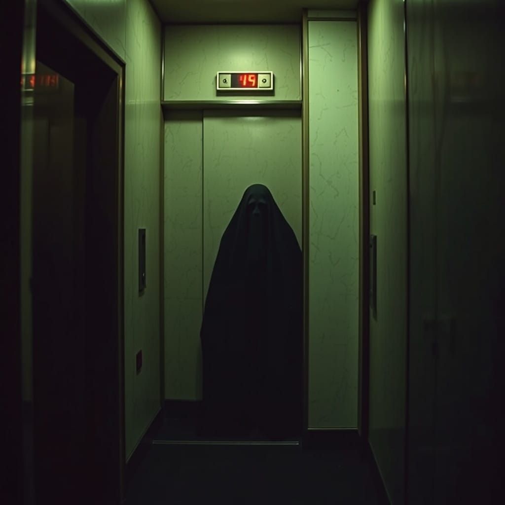 Ethereal Encounter in a Haunted Elevator, in the Style of Ha...