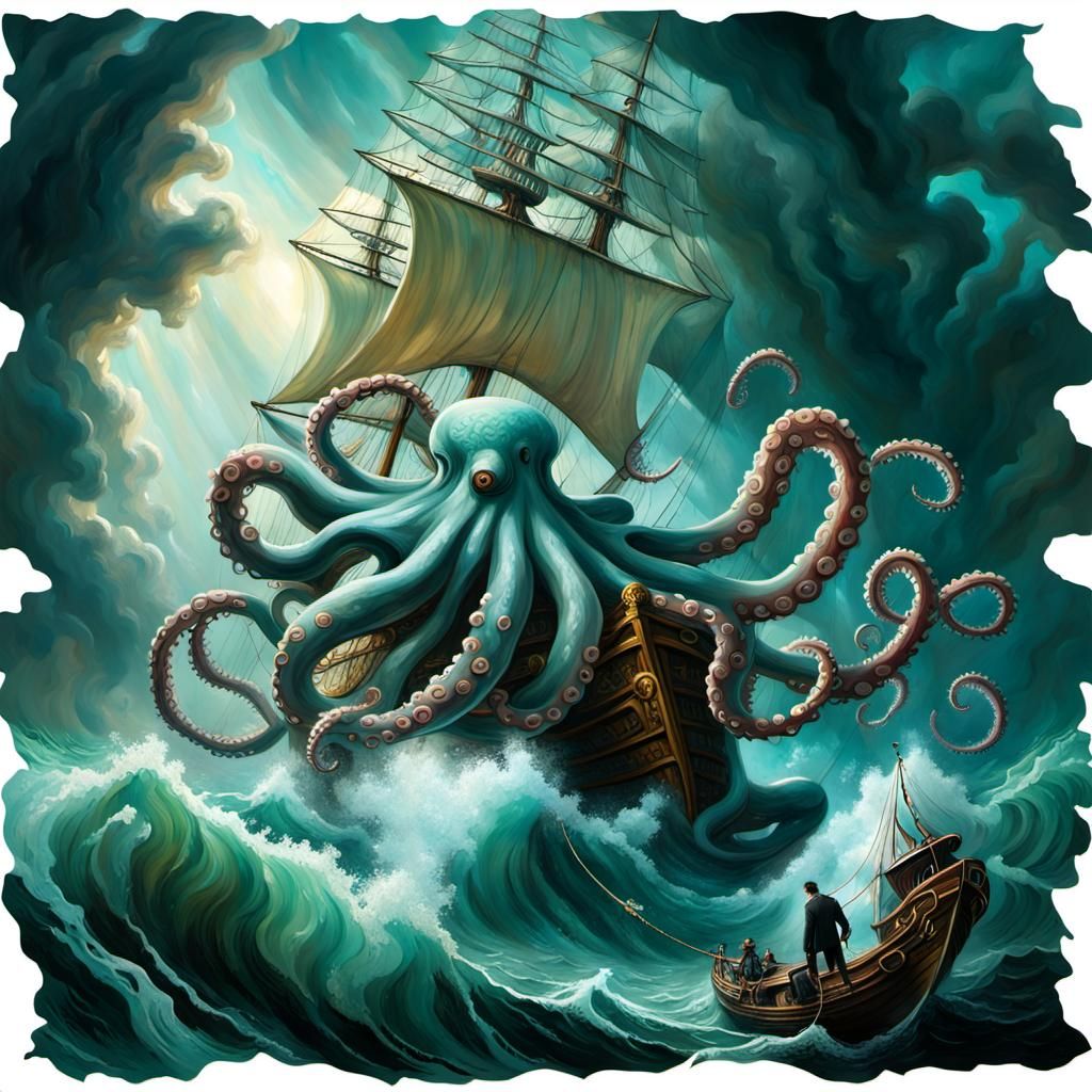 Giant Octopus Attacks Sailing Ship: Dramatic Oil Painting