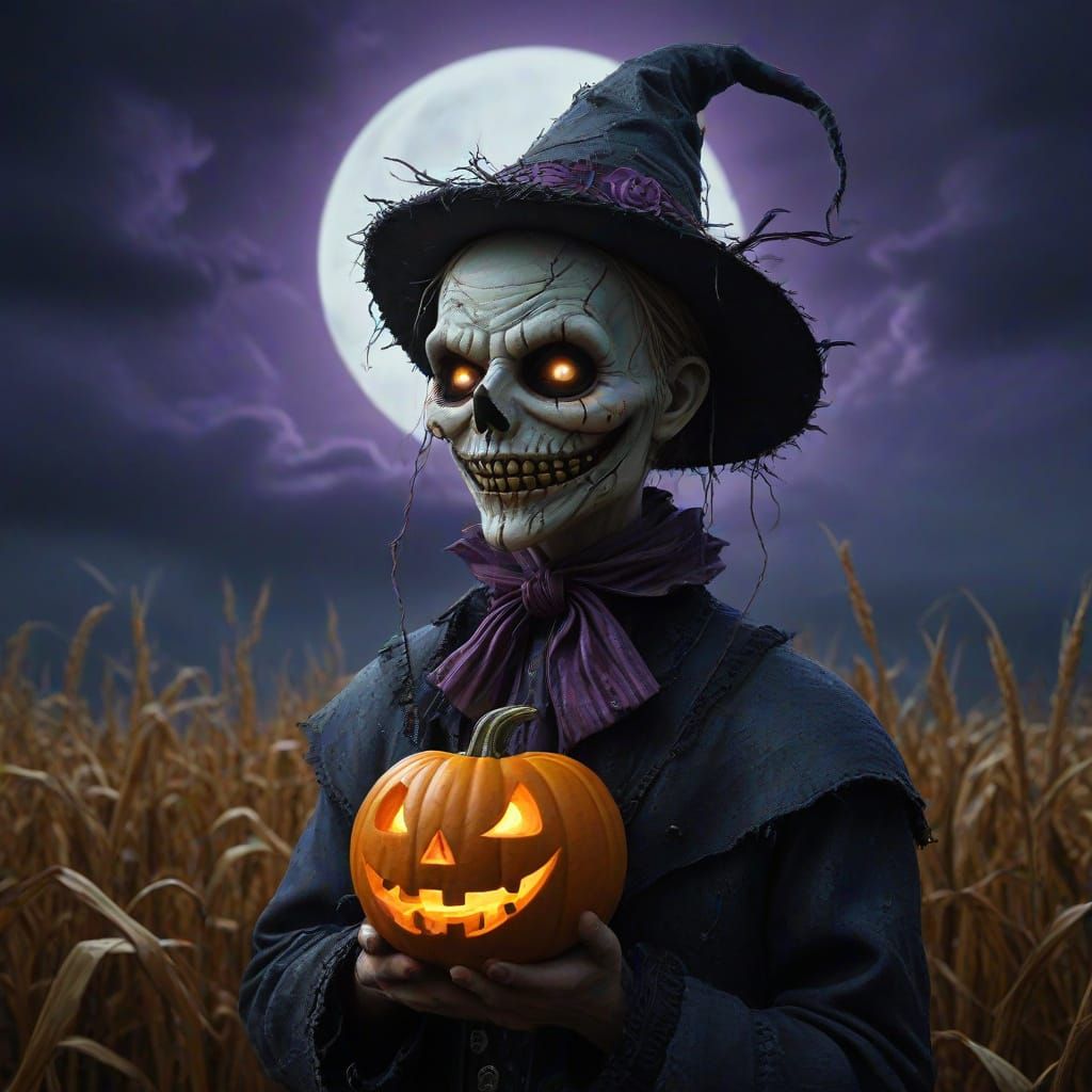 Ethereal Scarecrows in Moonlit Gothic Field