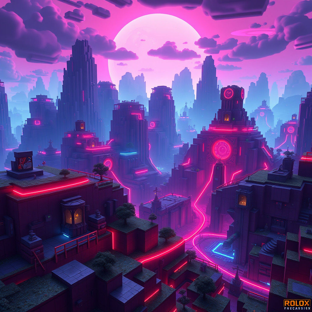 Neon Blocky Futuristic Landscape in Matte Painting Style