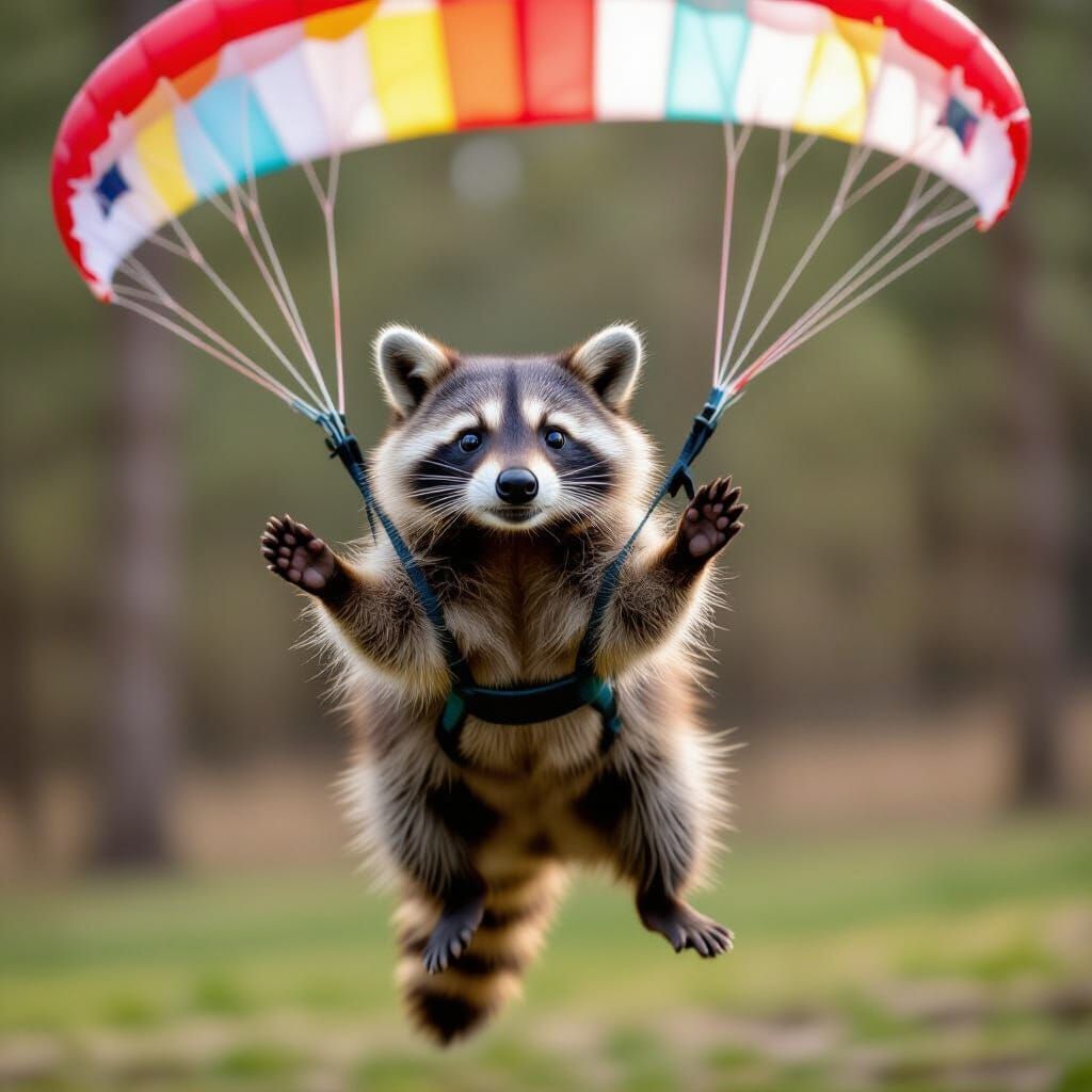 Raccoon Parachuting Through the Sky in Adorable Style