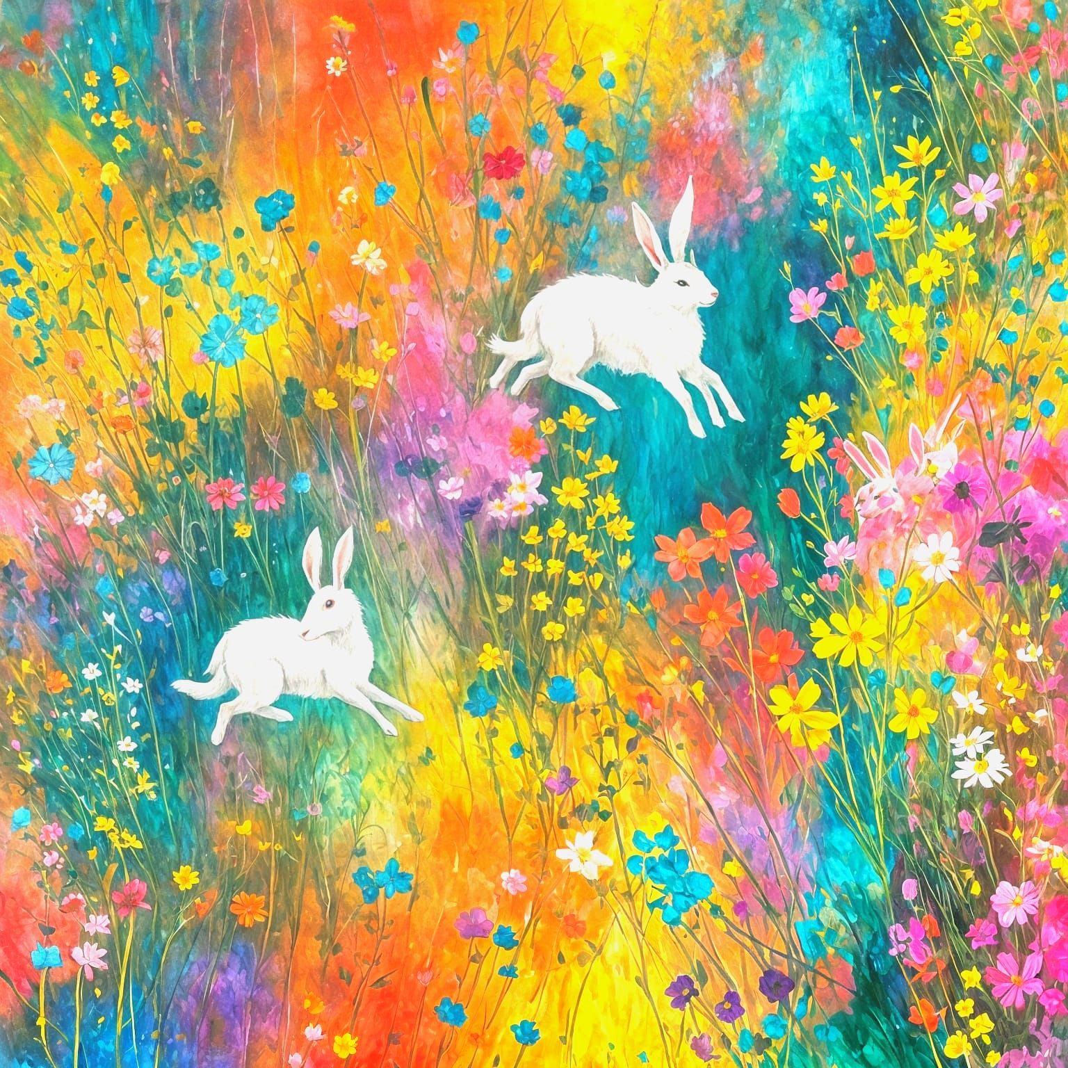 Vibrant Wildflower Wonderland with Whimsical Creatures