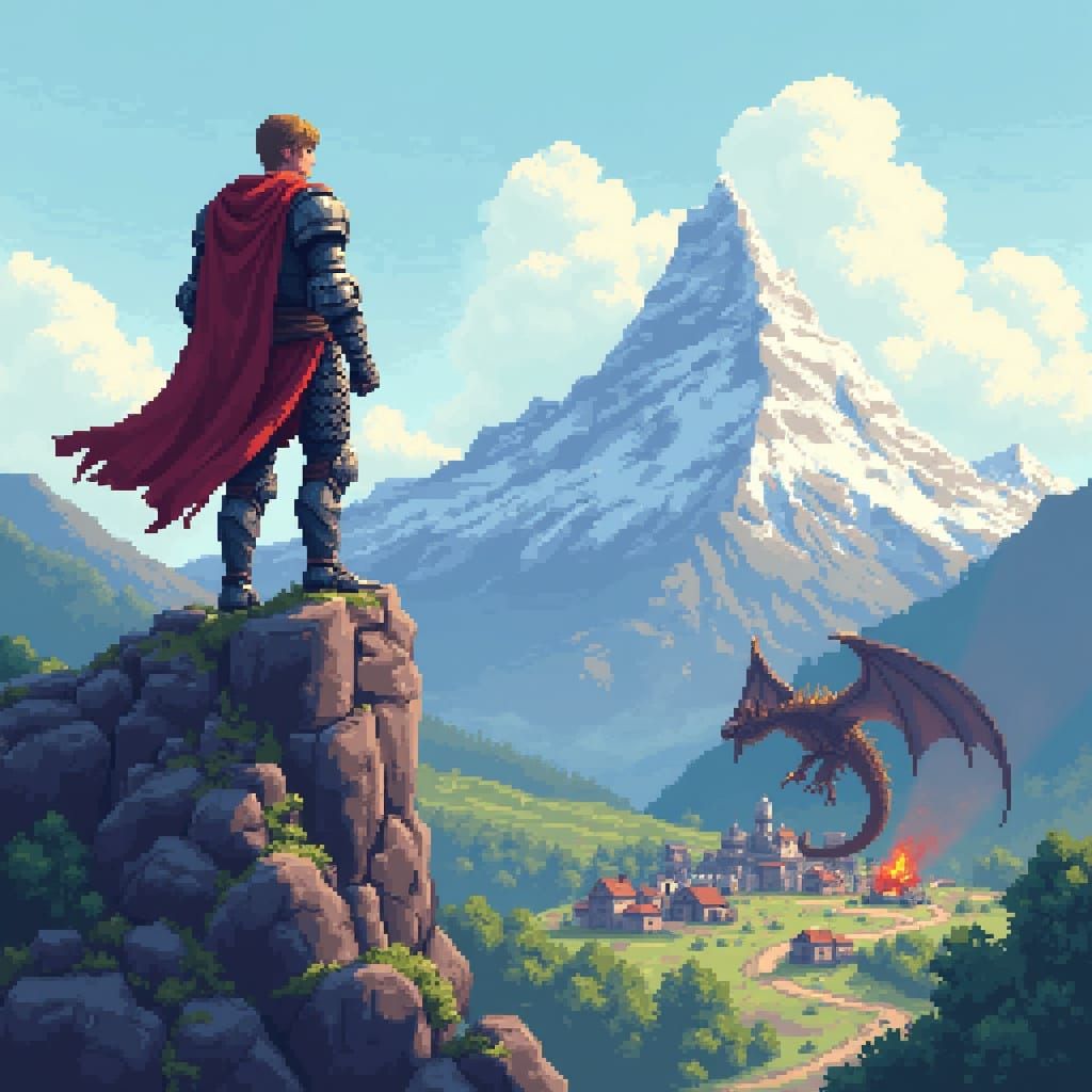 Hero in Pixelated Armor Triumphs Over Fiery Dragon on Snowy ...