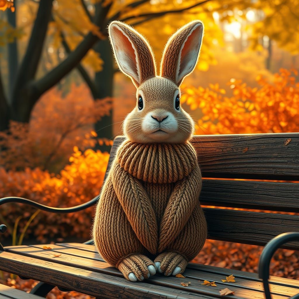 Knitted Hare in Autumn Park, Anime Style
