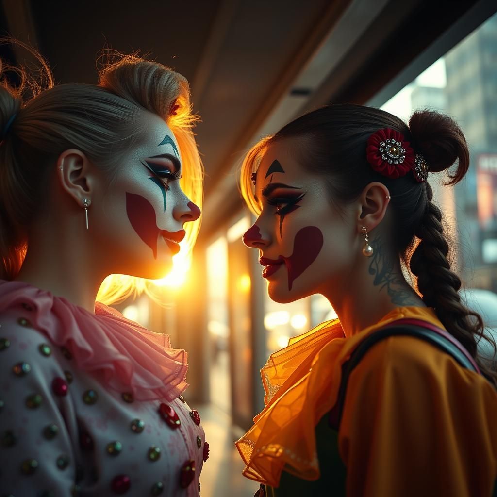 Clowns at a Bus Stop in Cinematic Style