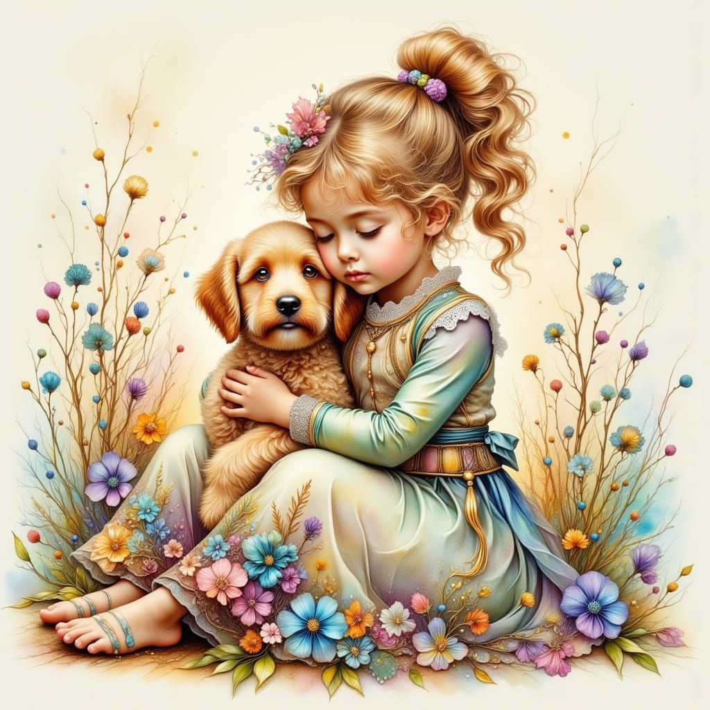Girl Hugs Golden Doodle Puppy in Floral Skirt