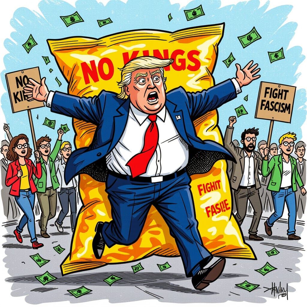 Trump Runs From Protests in Cartoon Style
