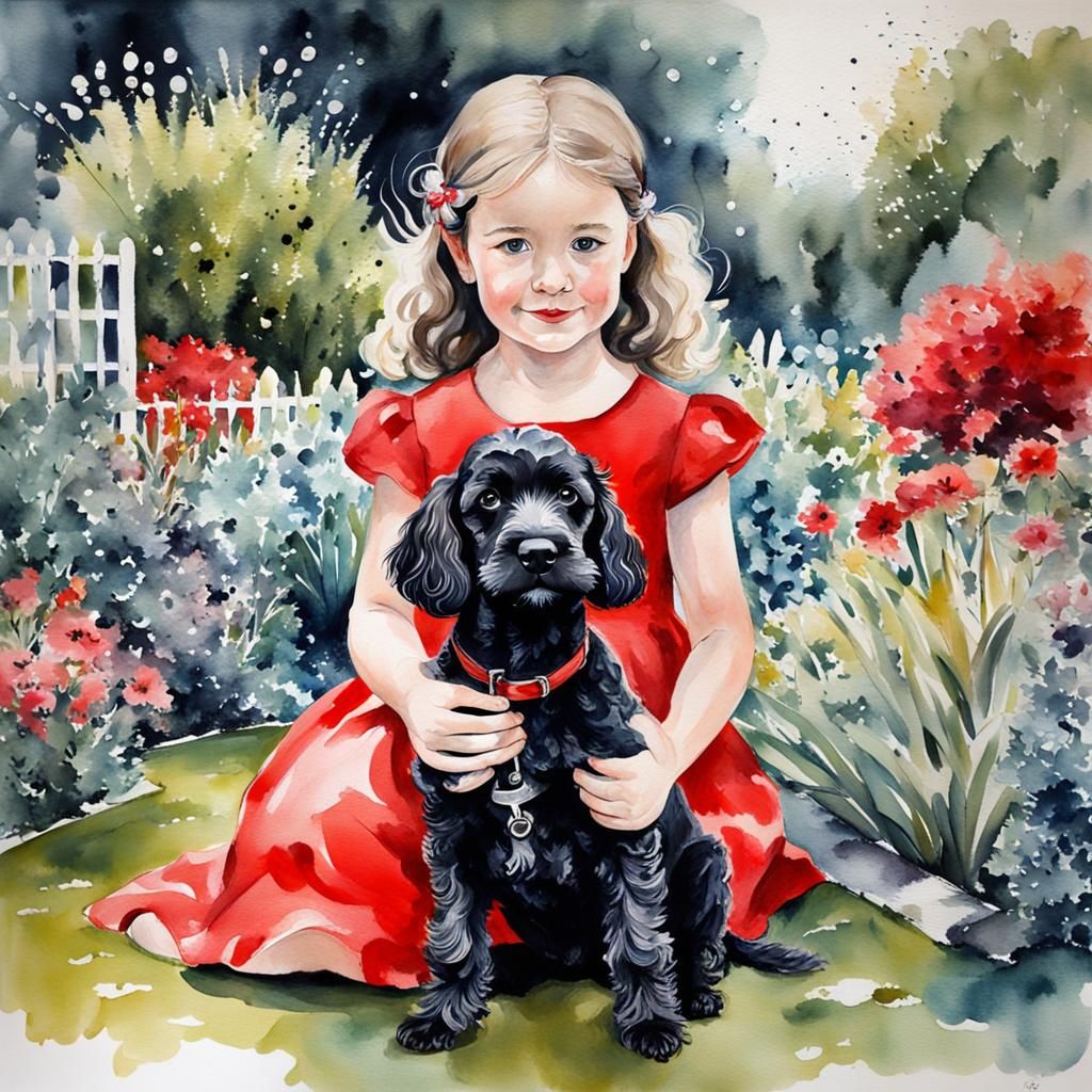 Girl with Cockerpoo in Garden, Watercolor Portrait