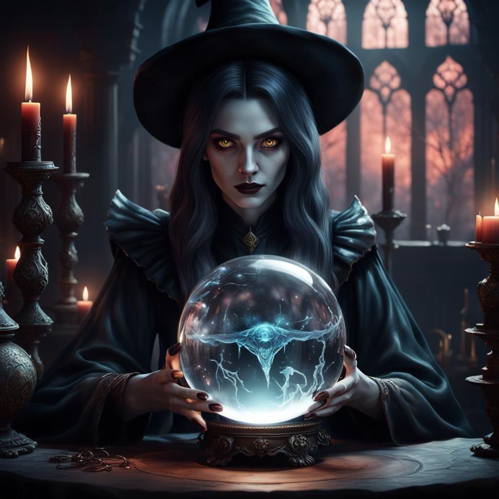 Young Witch's Crystal Ball Reveals Satan