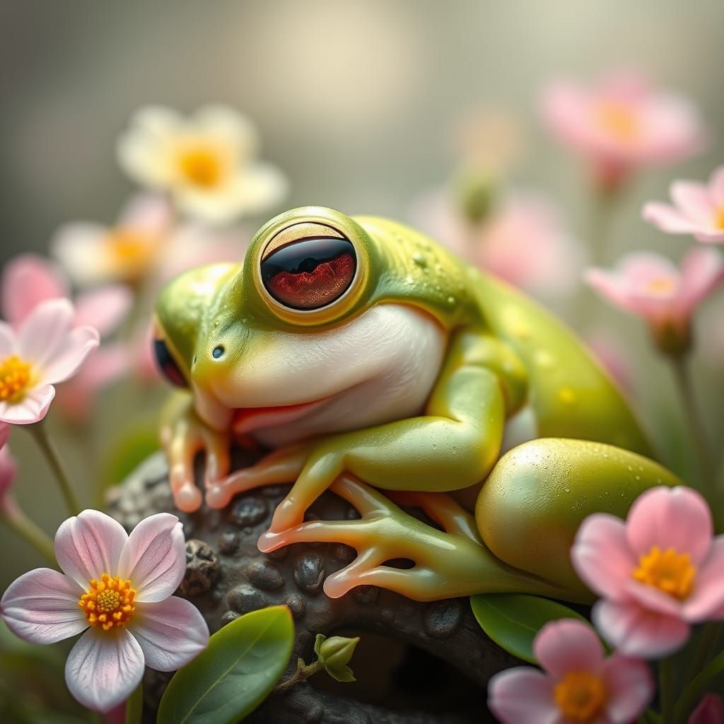 Whimsical Springtime Frog in Blossoming Flowers