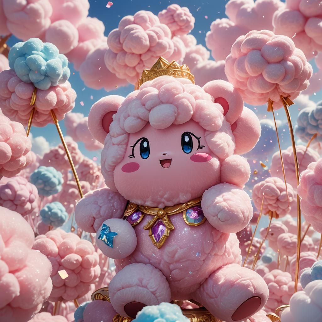 Kirby Surrounded by Cotton Candy in Anime Style