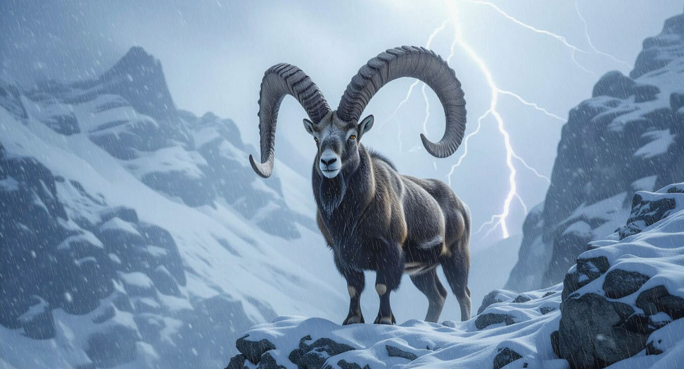 Colossal Ibex on Snowy Alpine Cliff