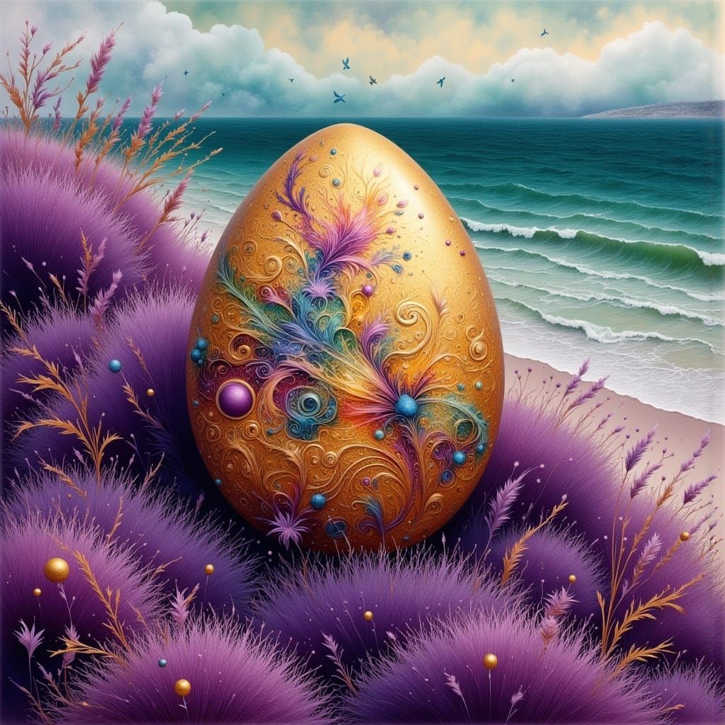 Vibrant, Surrealist Egg in Dreamlike Landscape with Shimmeri...