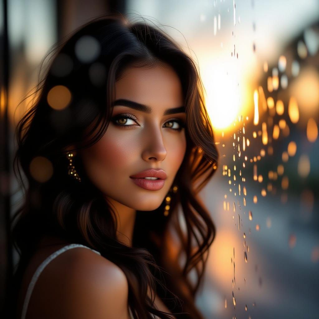 Persian Woman Behind Rainy Window at Sunset