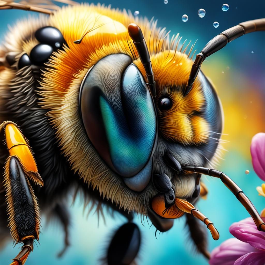 Hyperrealistic Honey Bee Eye Close-Up in Splash Art Style