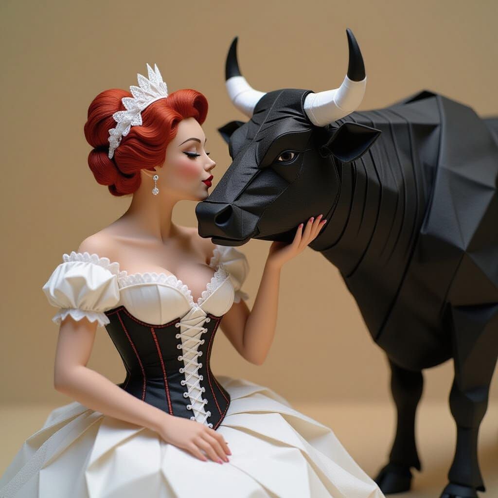 Burlesque Dancer Kisses Bull in Origami Papercraft Style